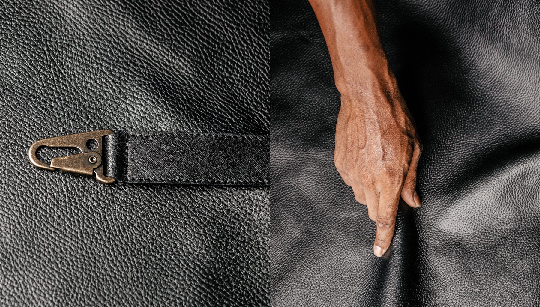 two separate images showcasing the black leather and metal clasp used for the billy collection.