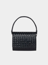 Ideal Crossbody with leather wrapped handle on womens weaved handbag in black showcasing front view.
