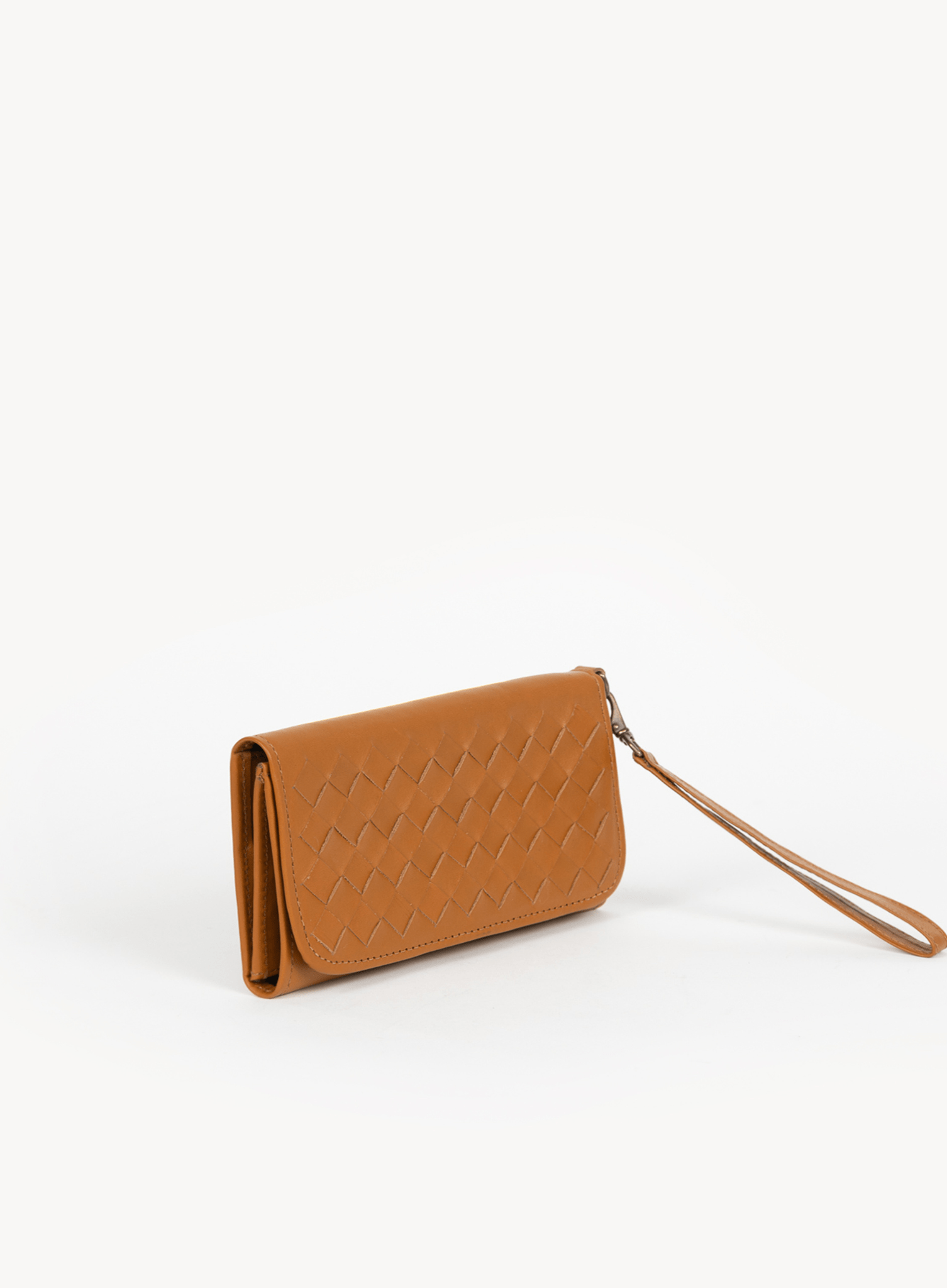 Cognac woven wallet with a on a white background