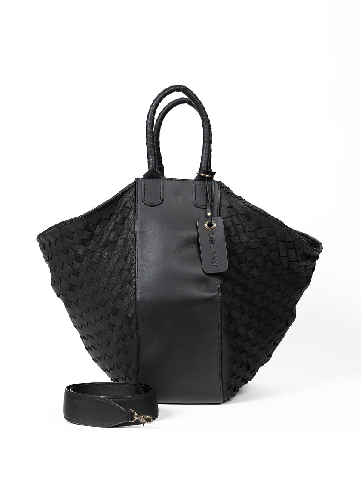 Black woven handbag with a shoulder strap on a white background