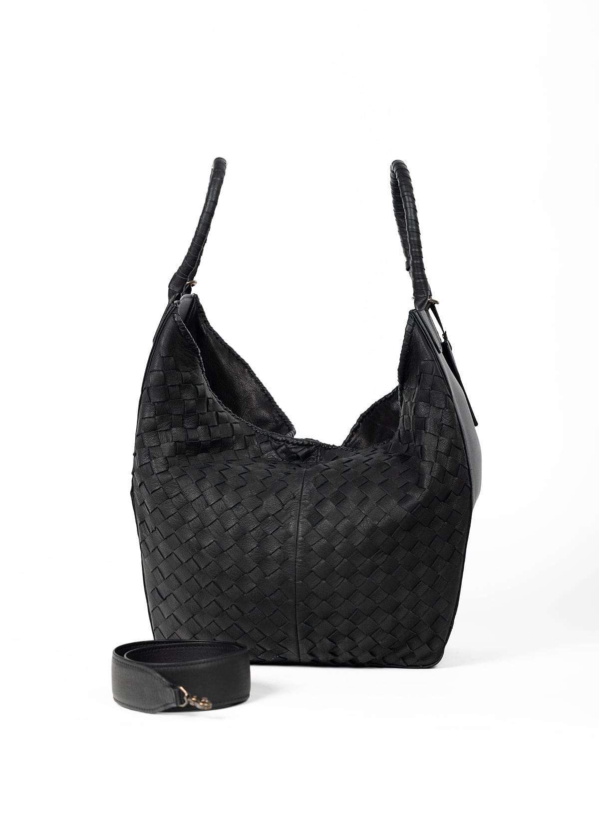 Black woven handbag with matching strap on a white background