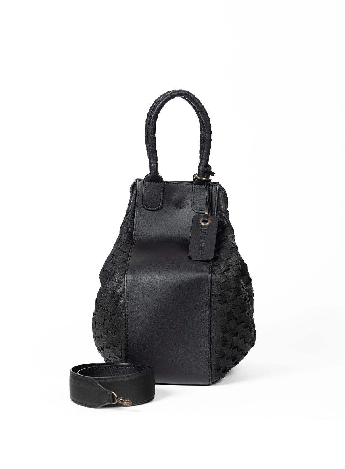 Black woven handbag with matching strap on a white background