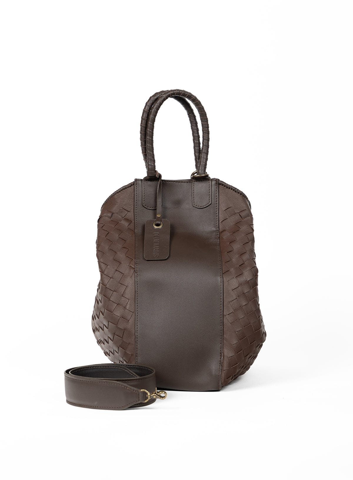 Brown leather handbag with braided design on a white background