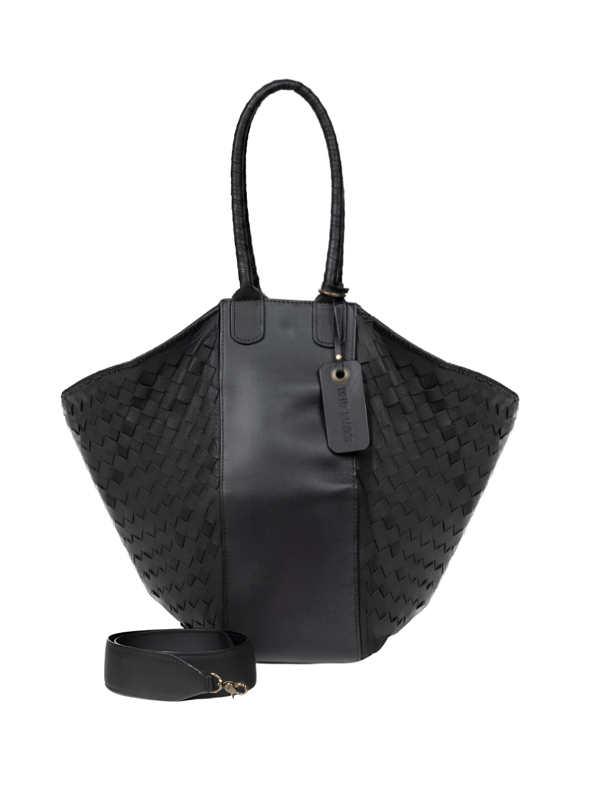 Black woven handbag with matching strap on a white background