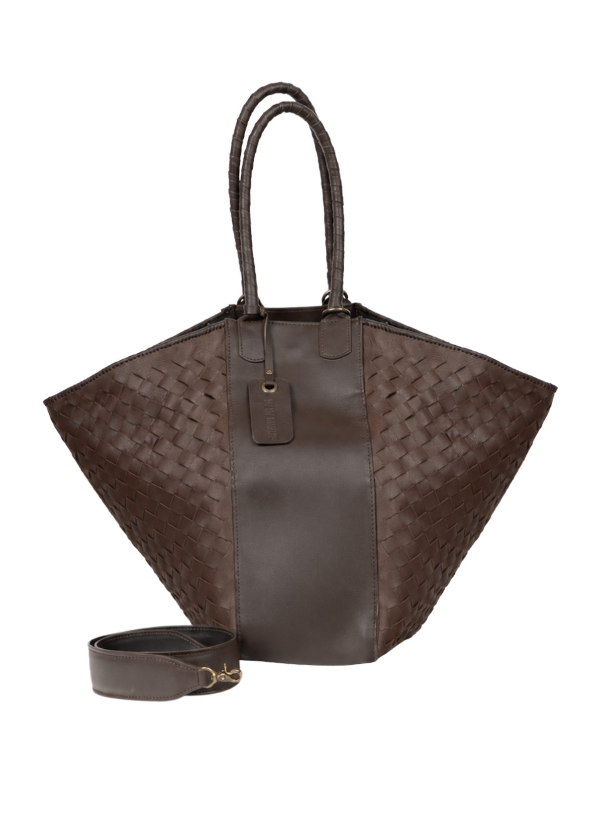 Brown woven handbag with matching strap on a white background