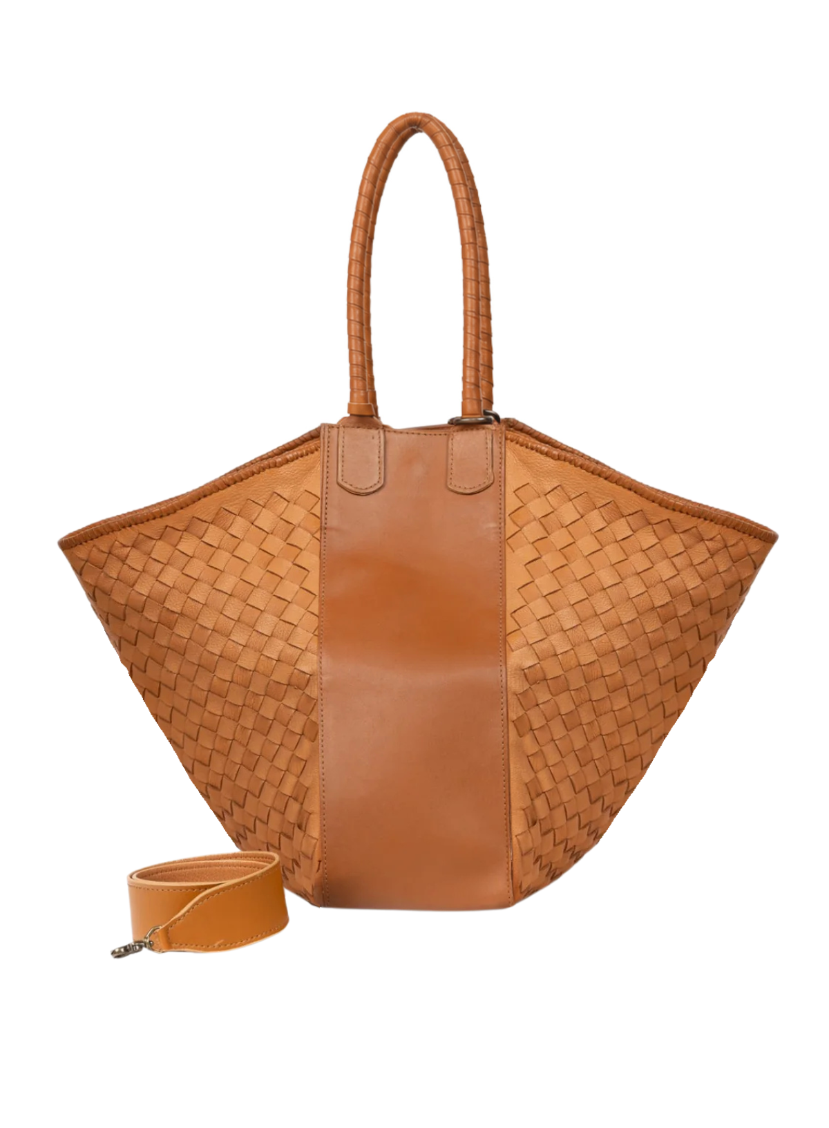 Two-tone-camel woven handbag with matching strap on a white background