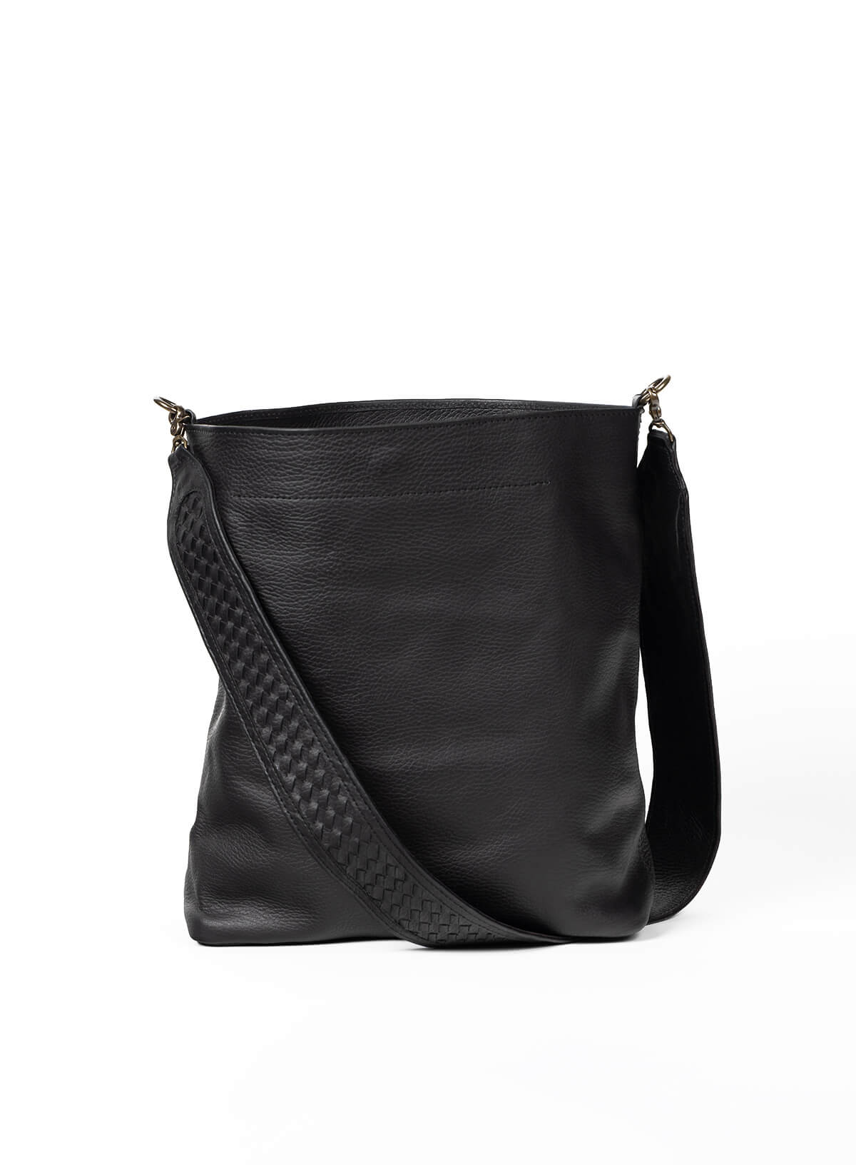 Black leather handbag with a textured strap on a white background