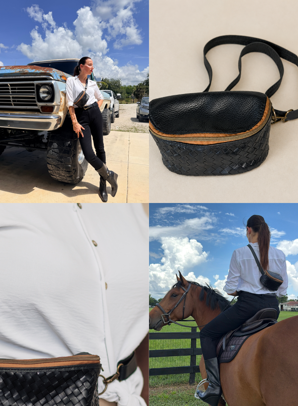 A four-panel collage showing a black textured crossbody bag. The top-left panel shows a woman leaning against a vintage truck outdoors under a blue sky, wearing the bag.