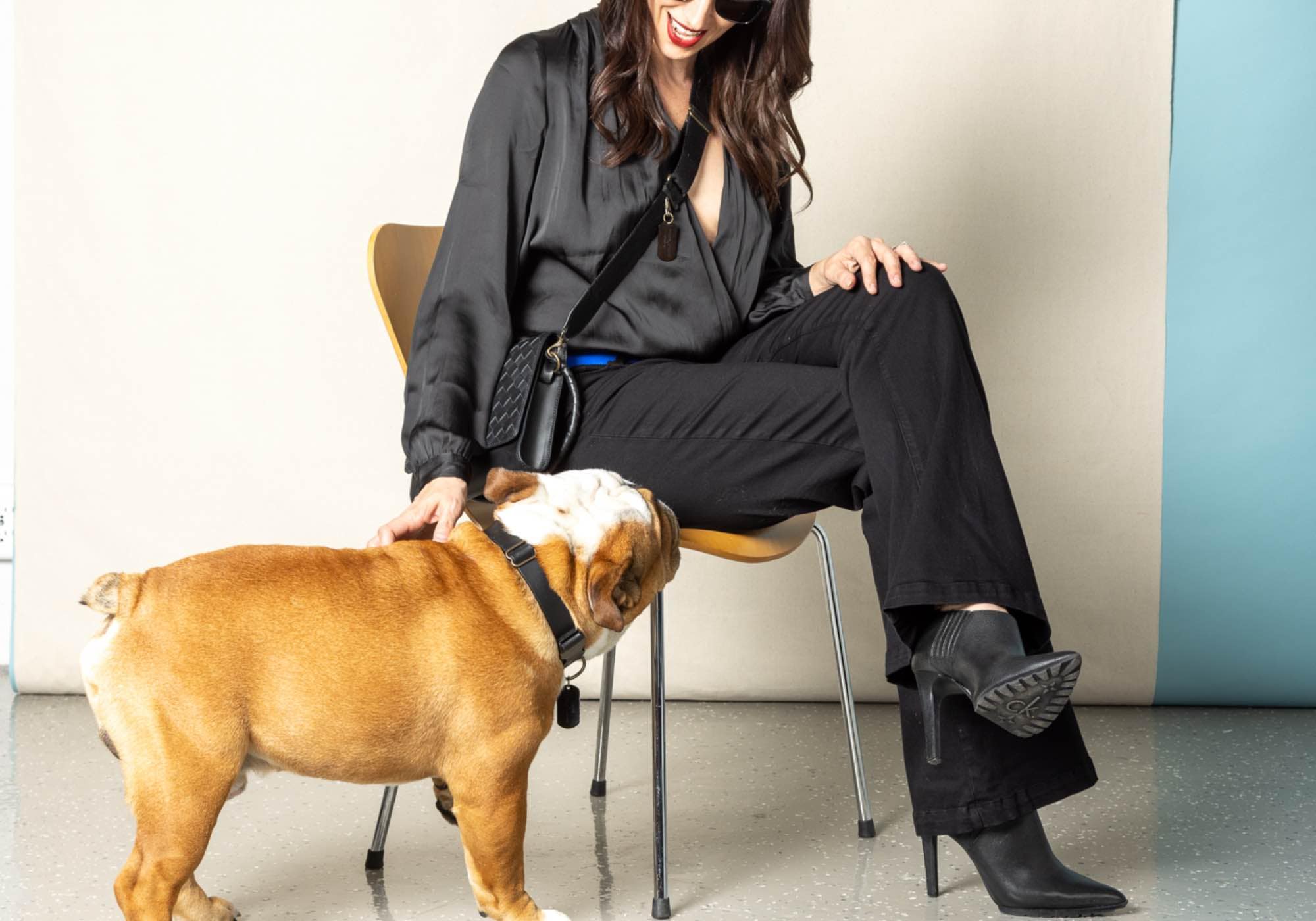 Woman petting bulldog with Alfie dog collar