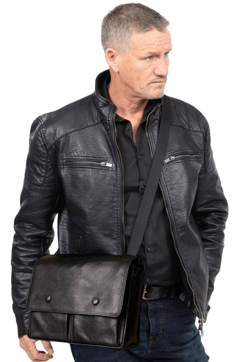 Man holding a black leather bag against a white background