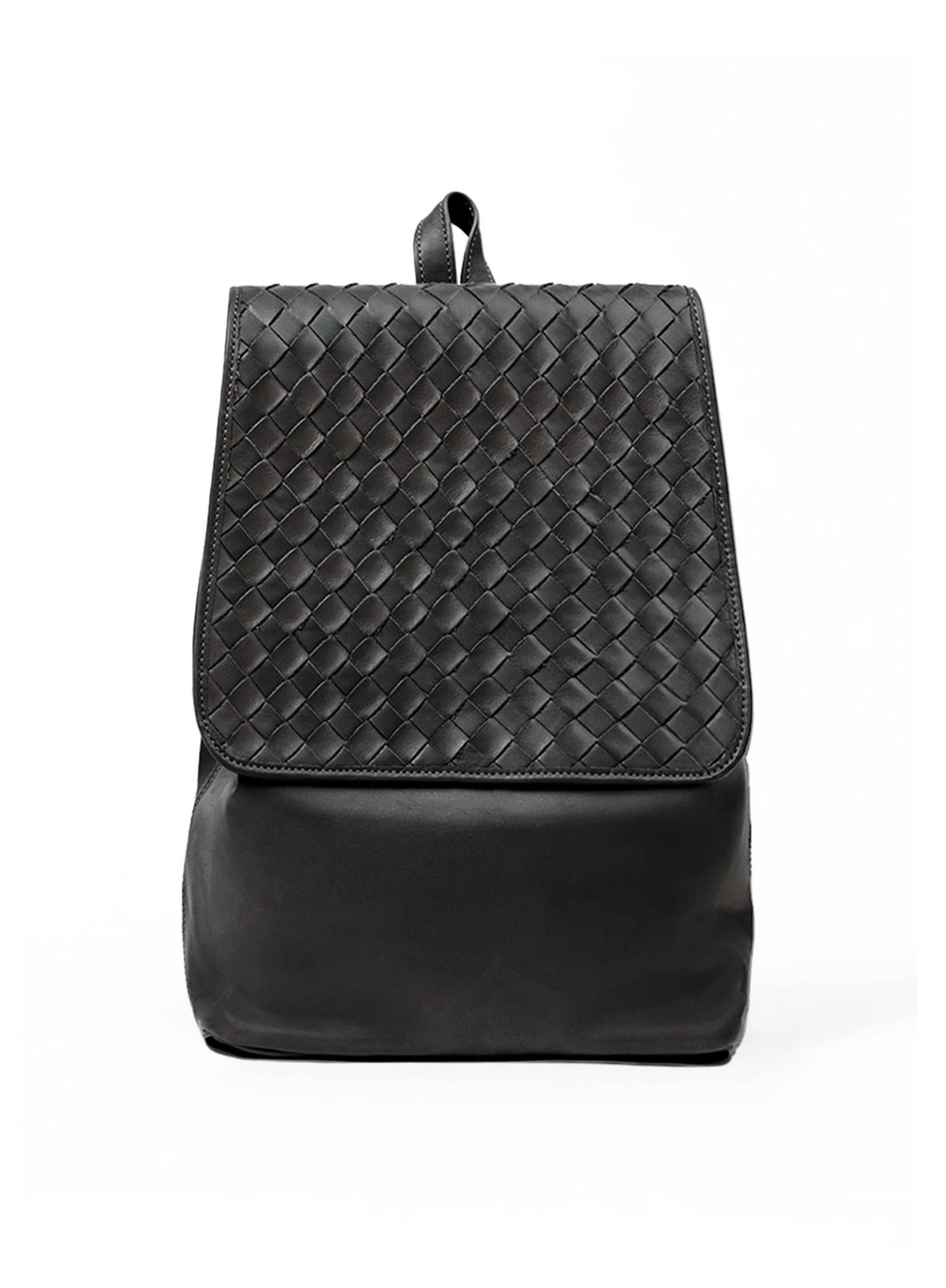 A black leather backpack featuring a woven basketweave pattern on the upper flap and a smooth black leather base, shown against a plain white background.