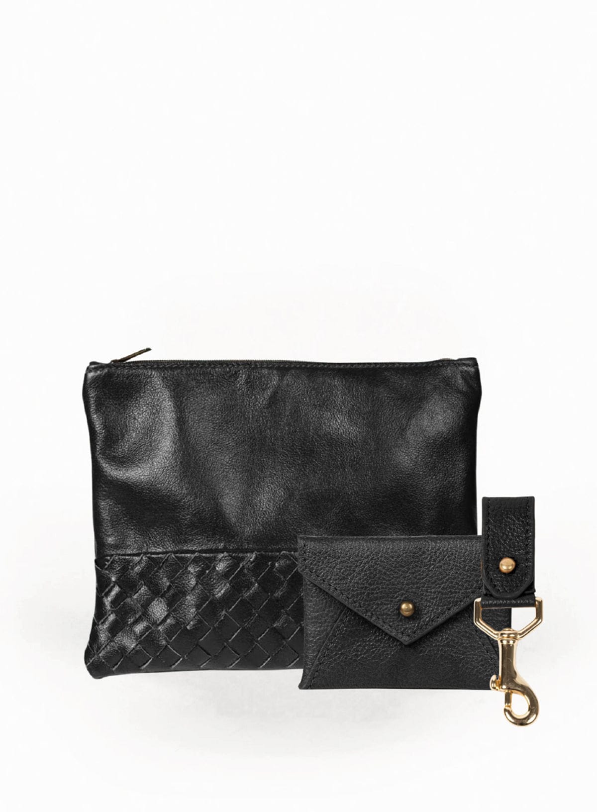 Bone leather pouch with a smaller coin pouch and keychain on a white background