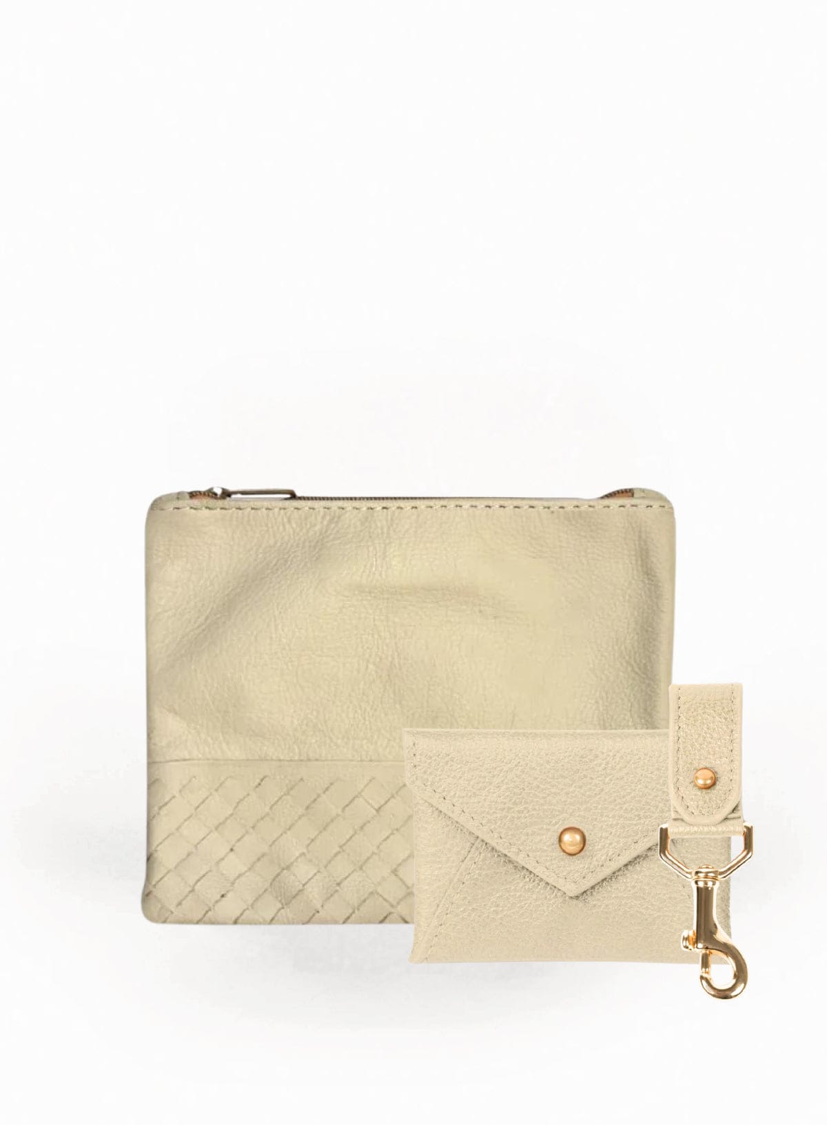 Bone leather pouch with a smaller coin pouch and keychain on a white background