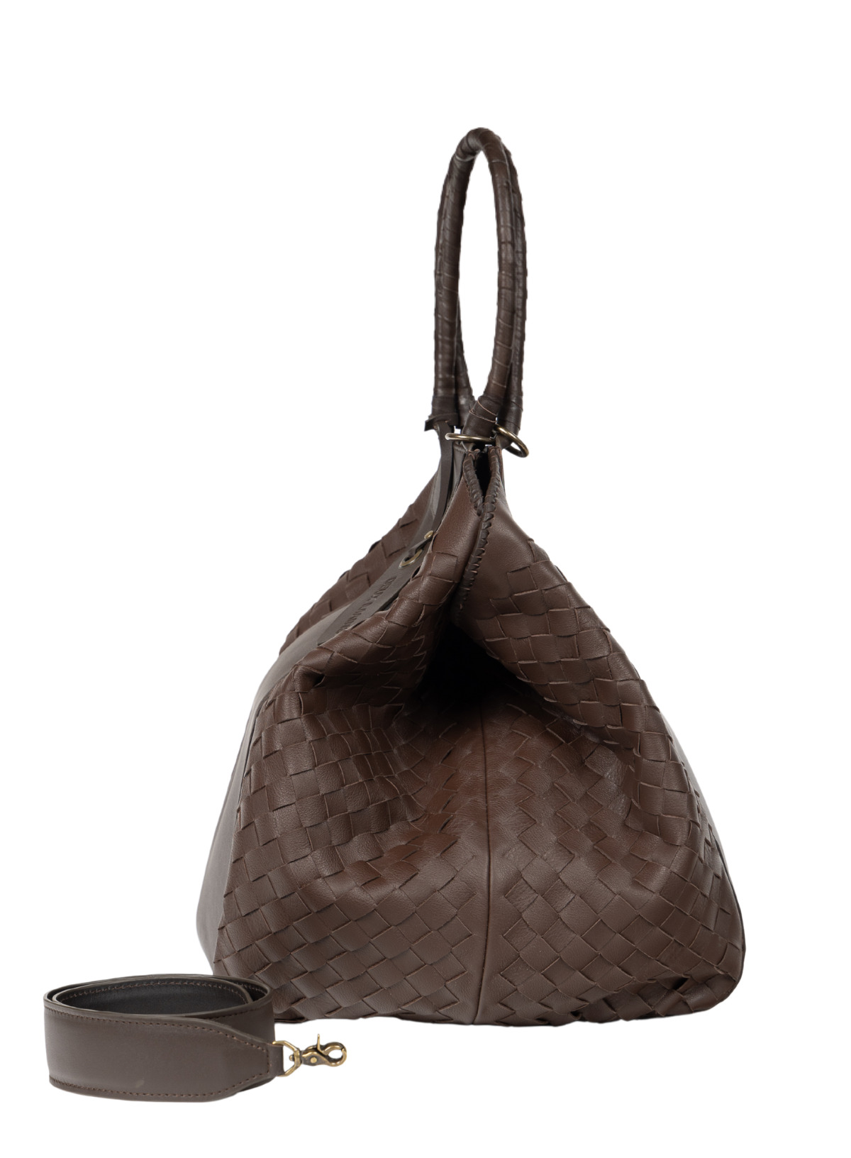 A dark brown woven leather shoulder bag with a matching detachable shoulder strap, displayed on a clean white background.