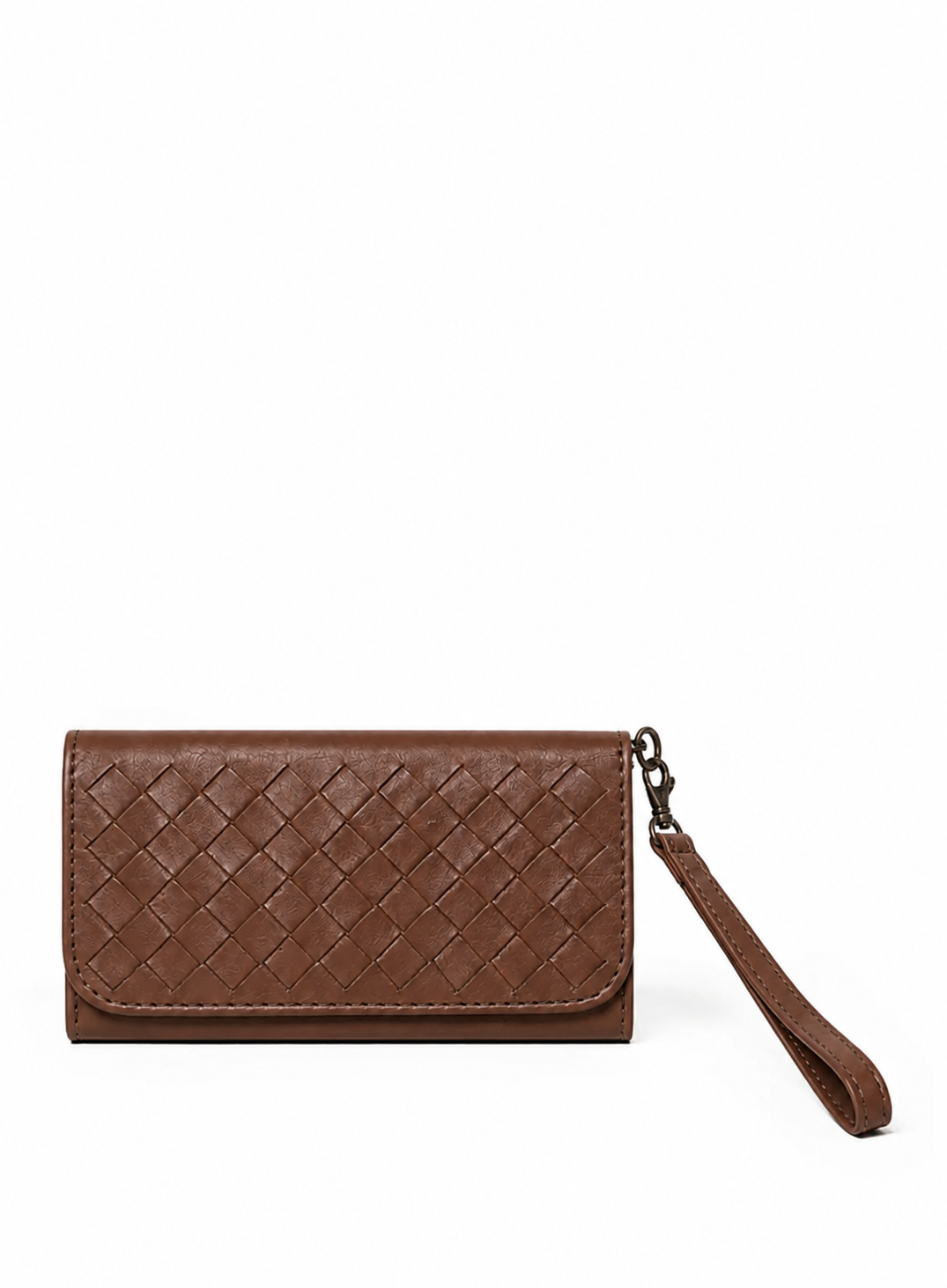 A brown woven leather wallet with an attached wristlet strap, shown against a plain white background.
