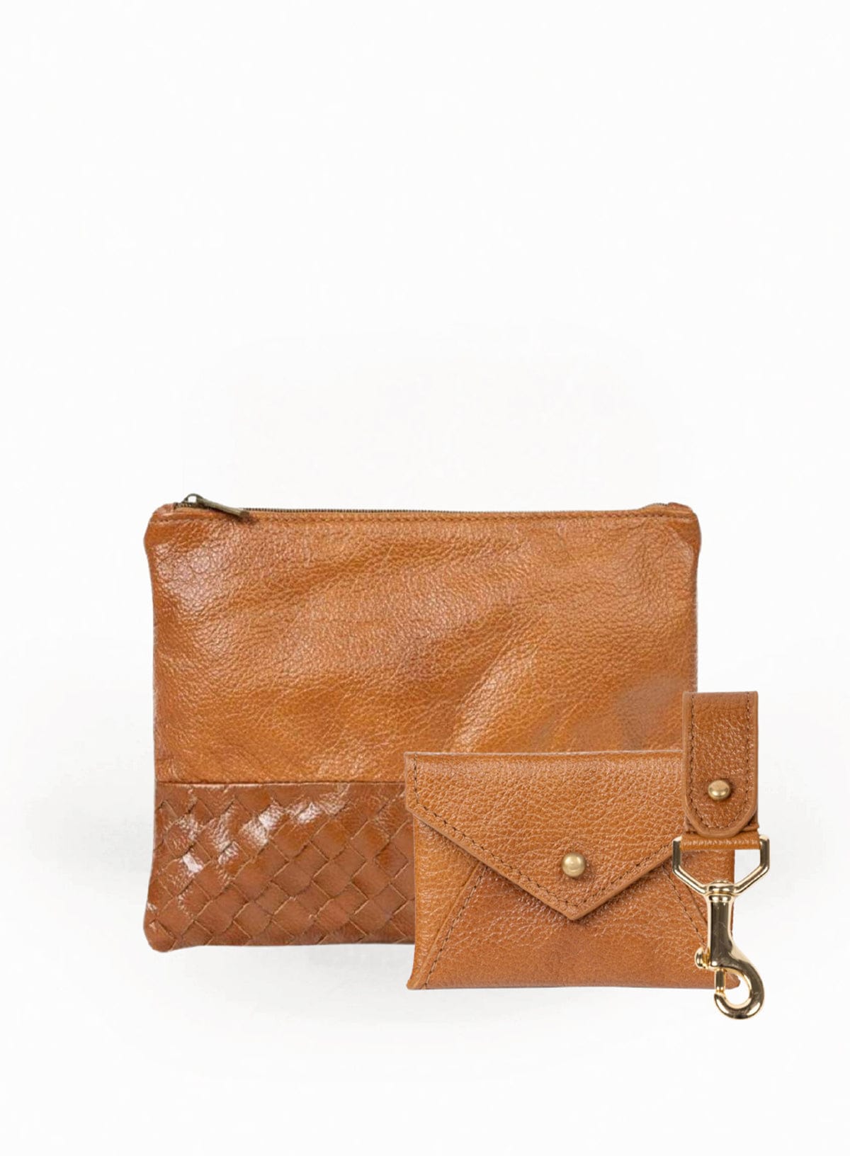 Bone leather pouch with a smaller coin pouch and keychain on a white background