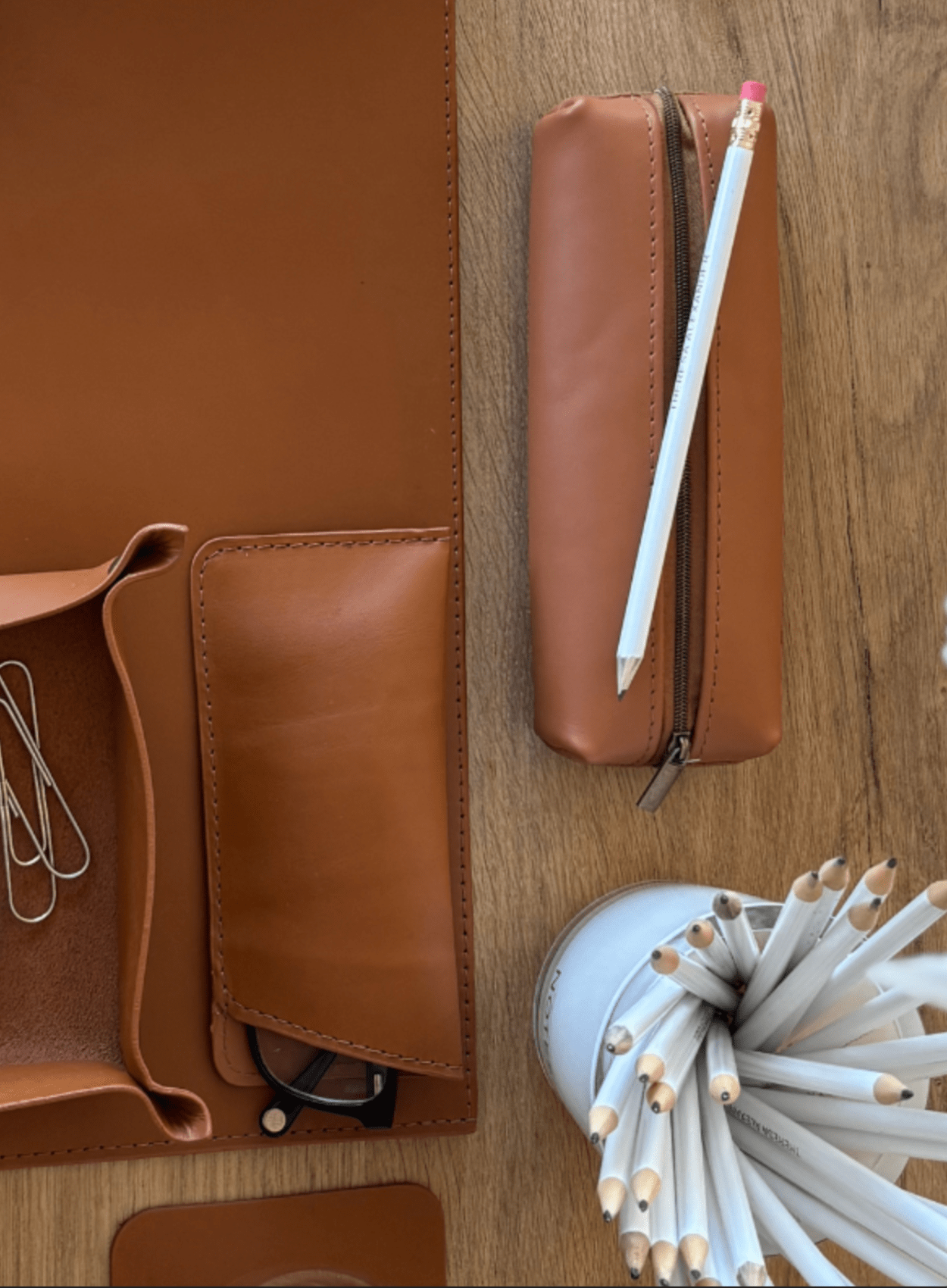 Cognac leather pencil case with pencils, corporate goods