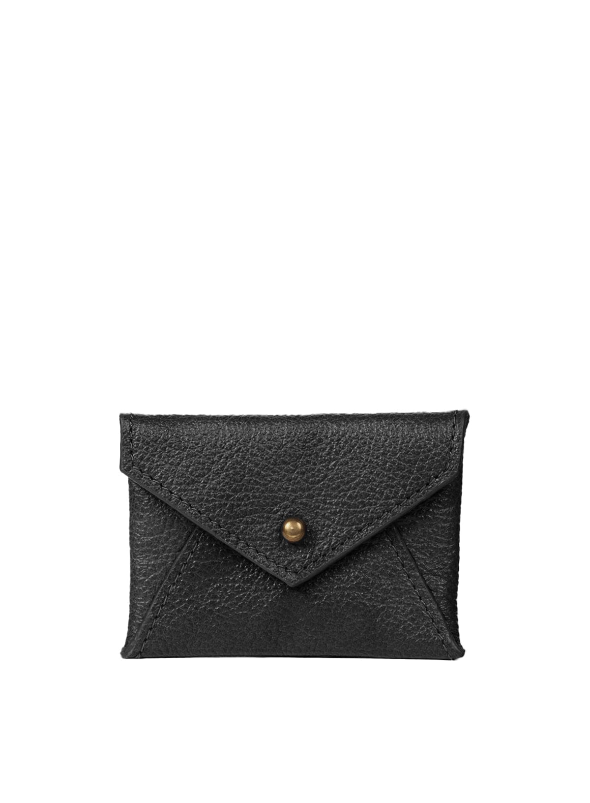 Black leather coin pouch with a gold button on a white background
