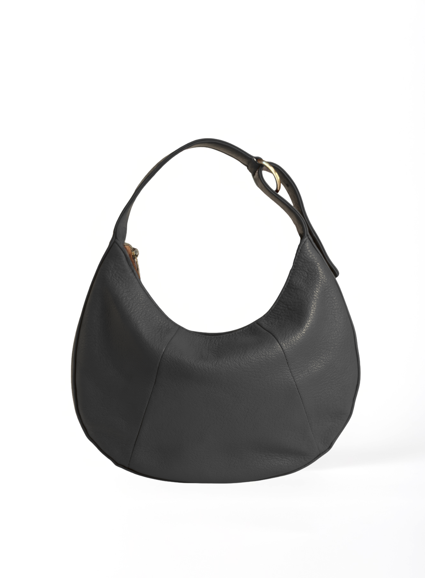 A black pebbled leather hobo shoulder bag with a single strap and a small gold-tone ring detail, shown on a plain white background.