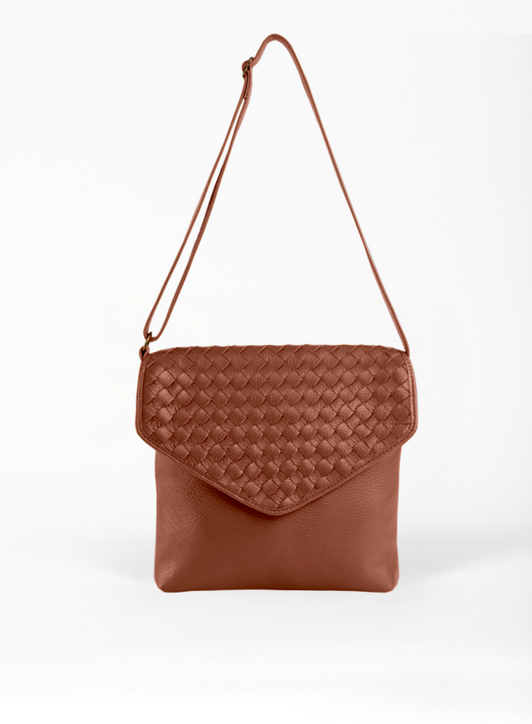 envelope crossbody in brown with strap from our spring collection- front view.