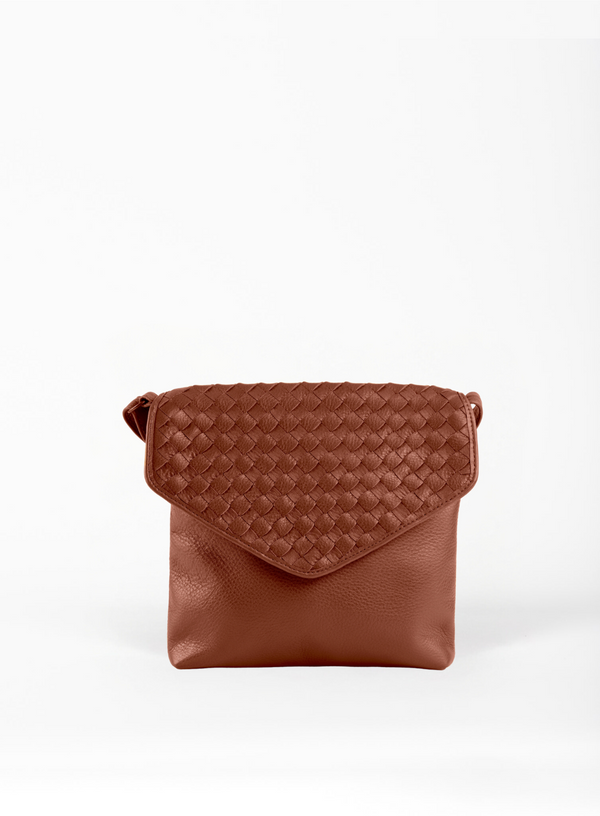 envelope crossbody in brown from our spring collection- front view.