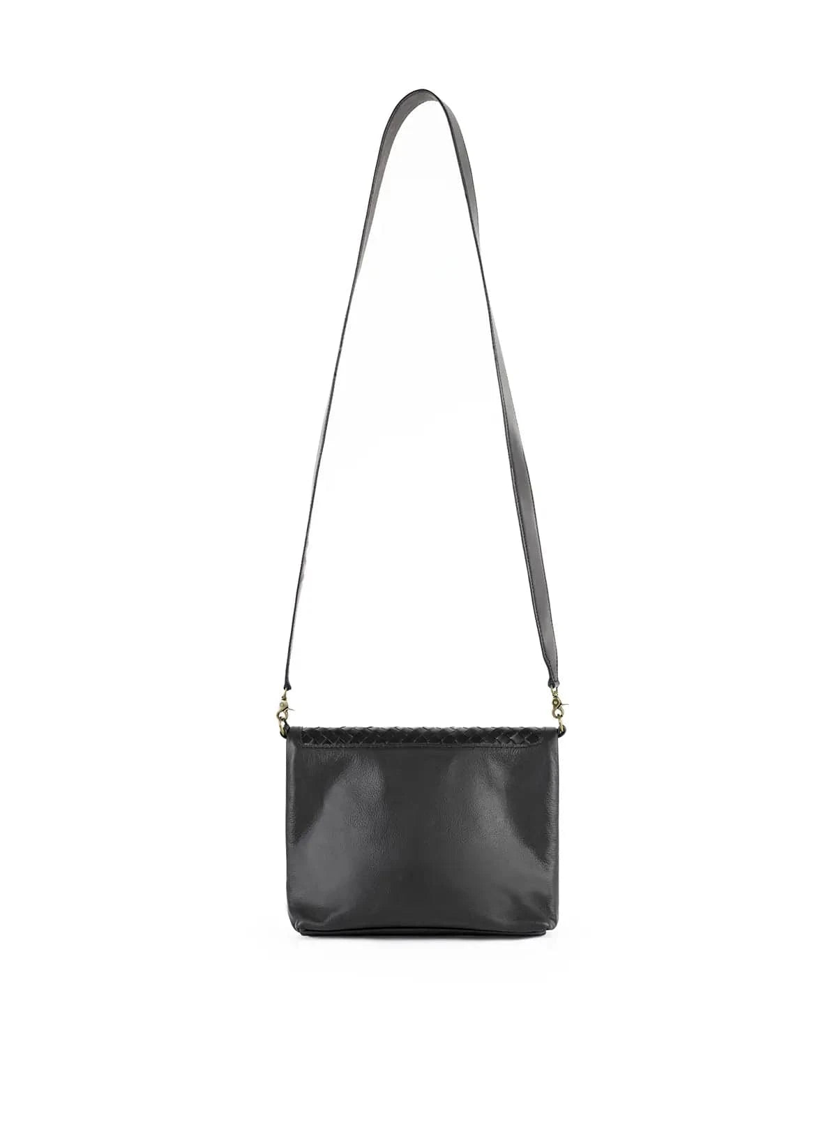 Black handbag with a strap on a white background