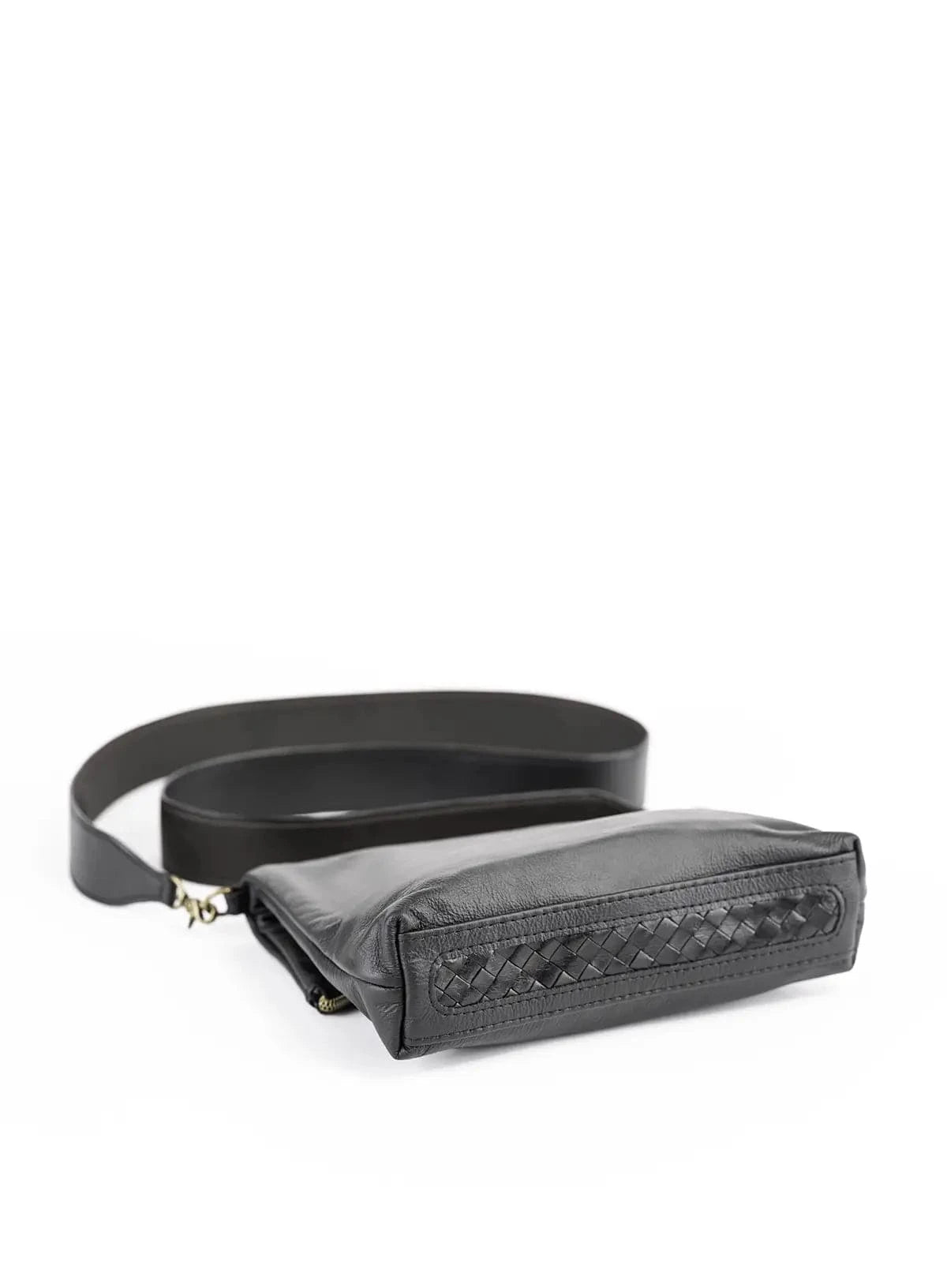 Black crossbody bag with woven detail on a white background