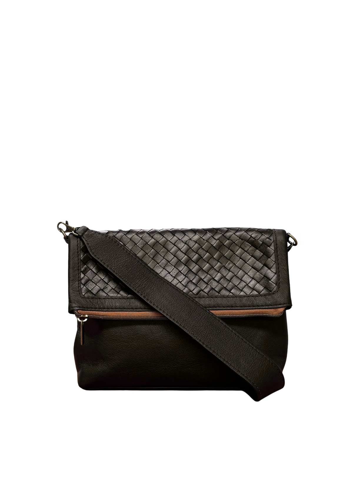 A black leather crossbody bag with a woven basket-texture flap, a solid black leather lower section, and a matching black shoulder strap, shown against a plain white background.