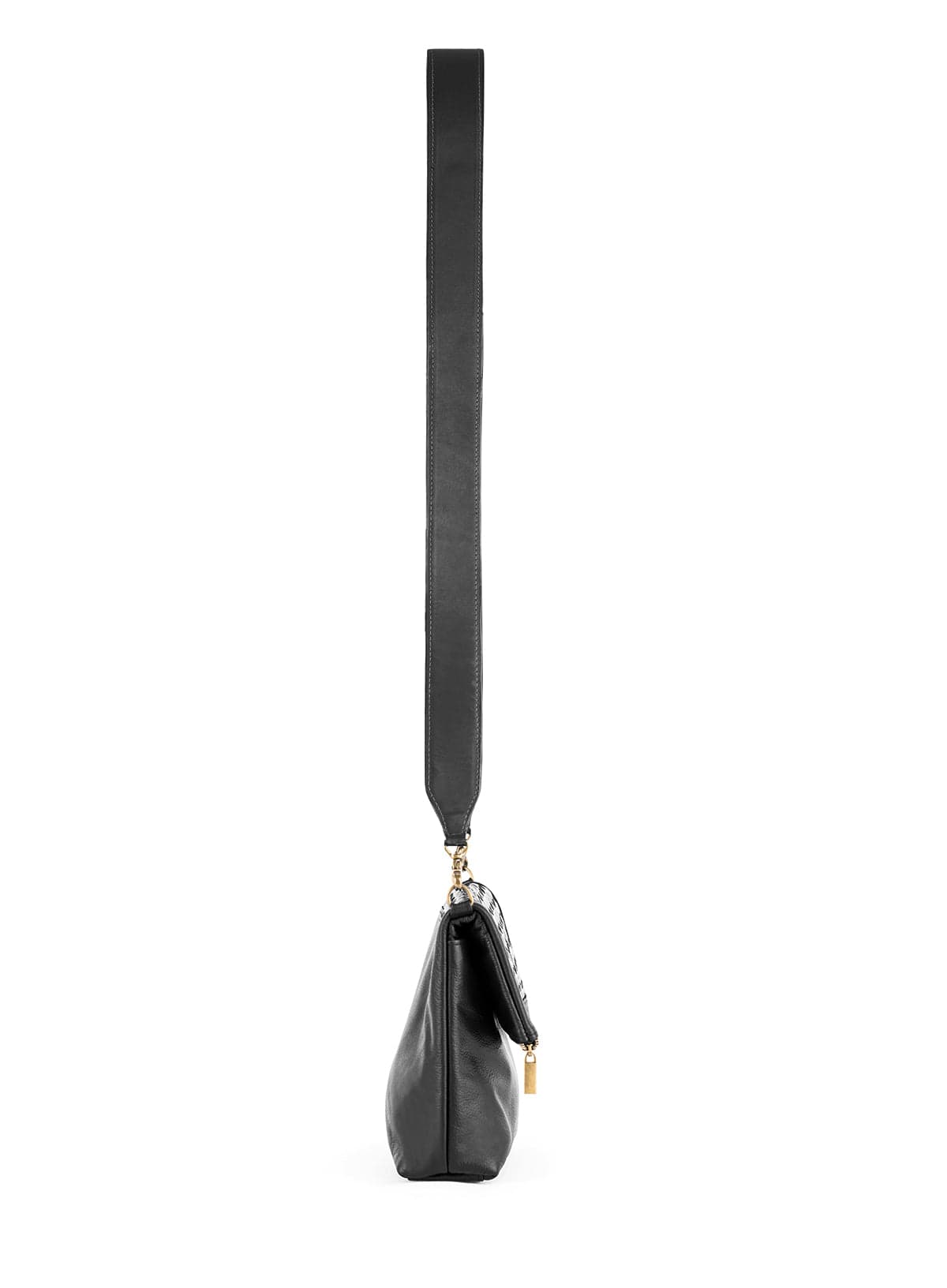 Black handbag with a strap on a white background
