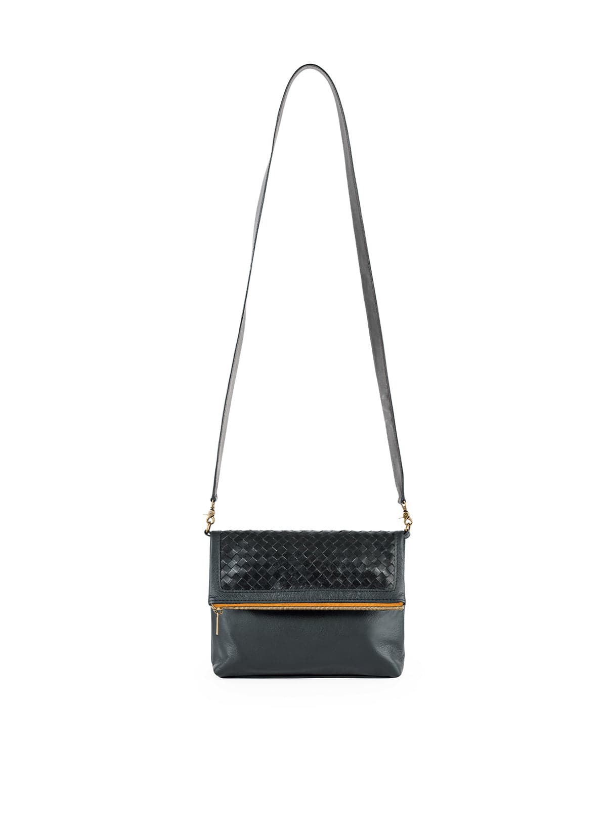 Black crossbody bag with a woven pattern on a white background