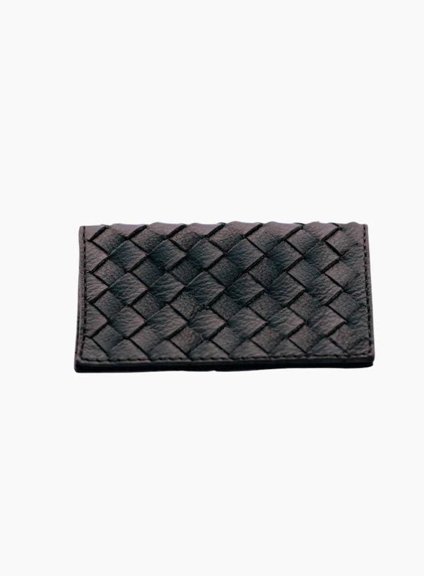 handwoven leather card holder in black front-view.
