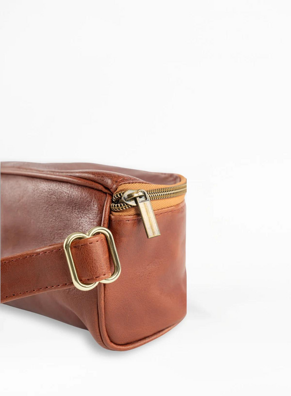hip bag in brown from our spring collection close up view.