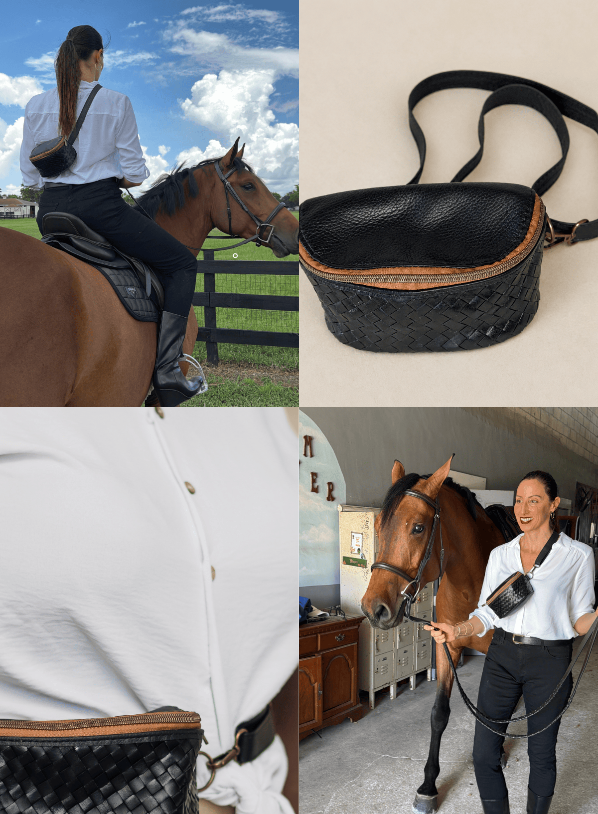 julie riding horse and showing hip bag