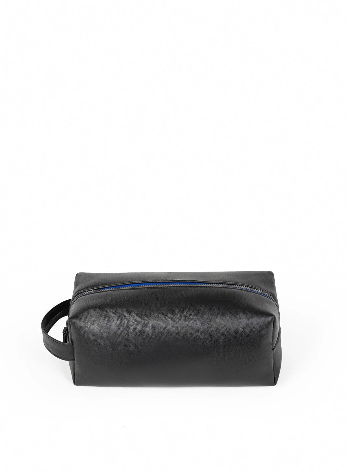 Black leather toiletry bag with blue zipper on a white background