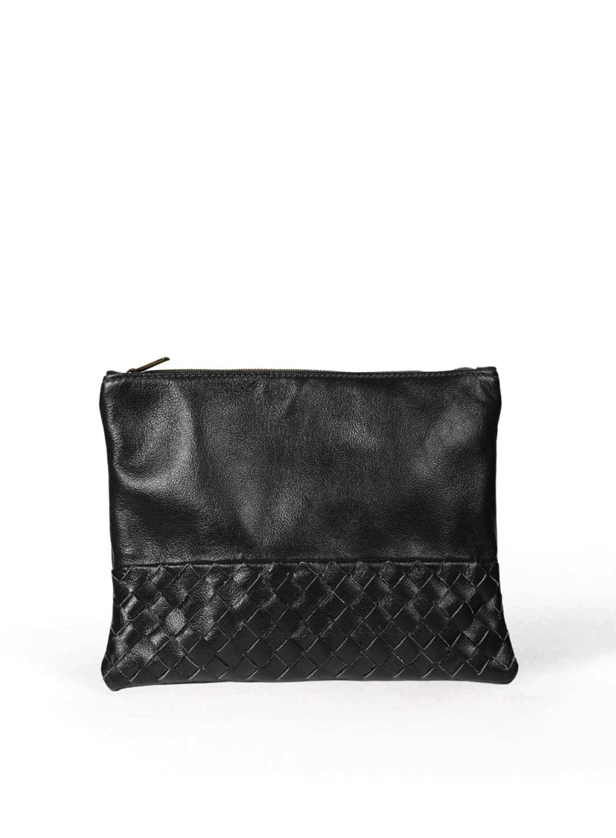 Black leather woven pouch on a white background