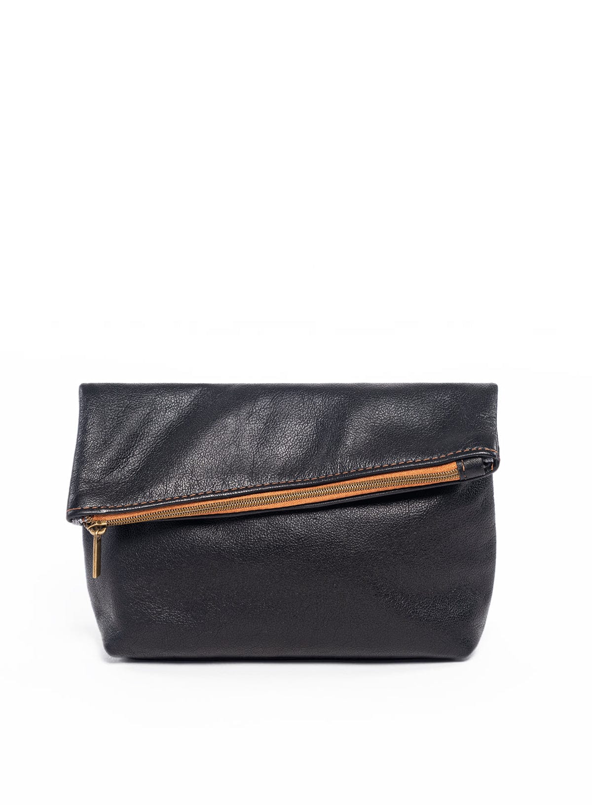 Black leather makeup bag on a white background