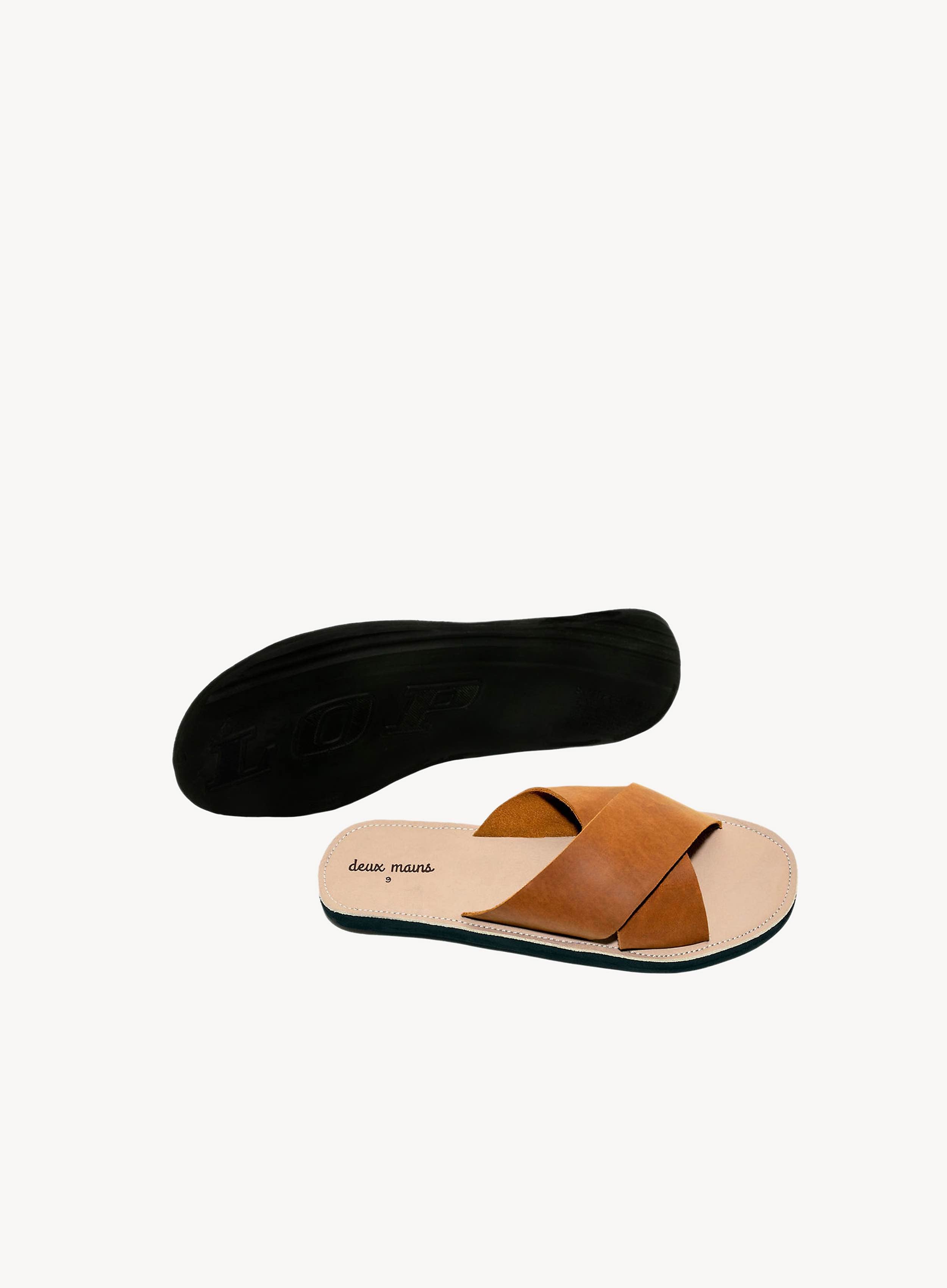 Men's criss cross leather sandals in cognac showcasing insole made with recycled and responsibly sourced materials.