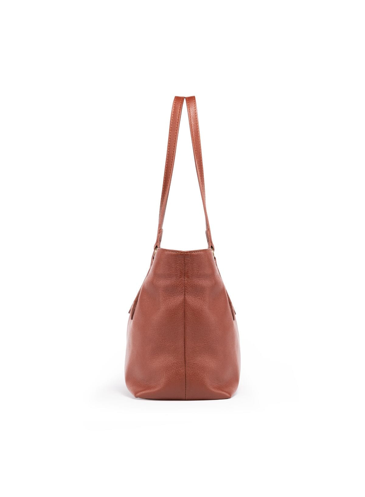Brown leather shoulder tote bag on a white background