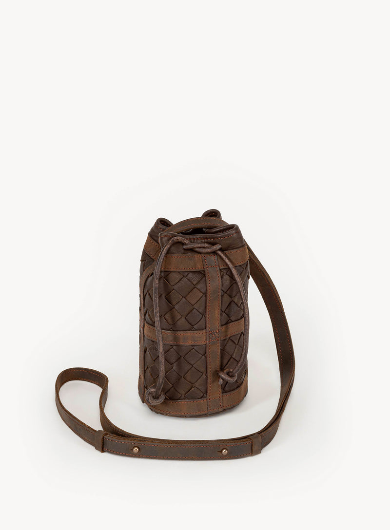 Mini essential bucket bag from womens bag collection in brown showcasing side view.