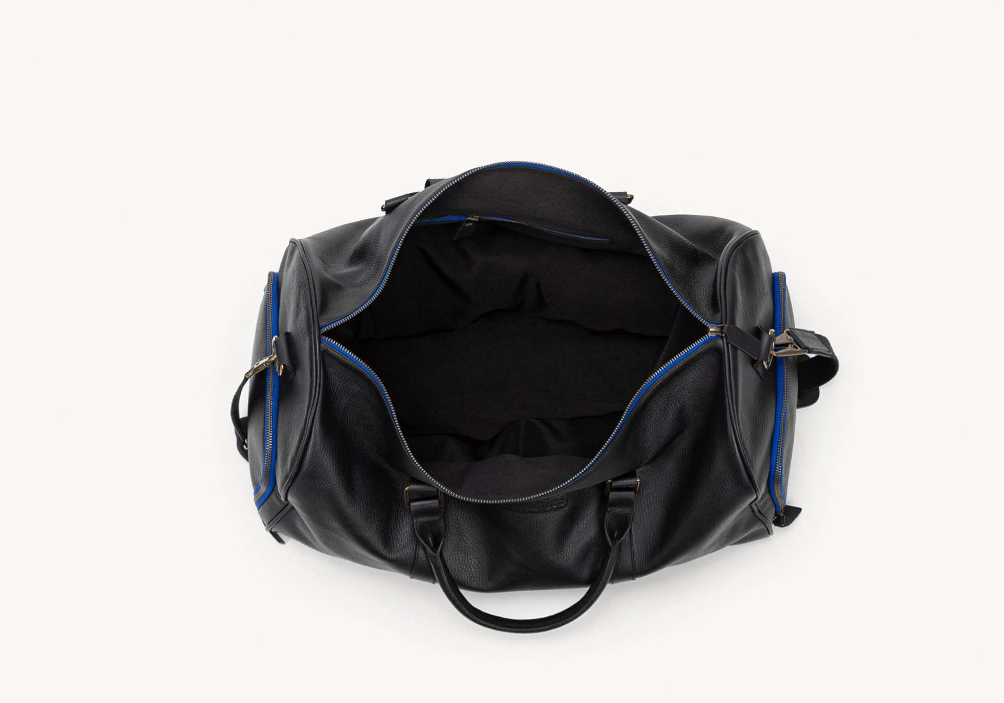Mission-essential black duffle bag, interior view, open.
