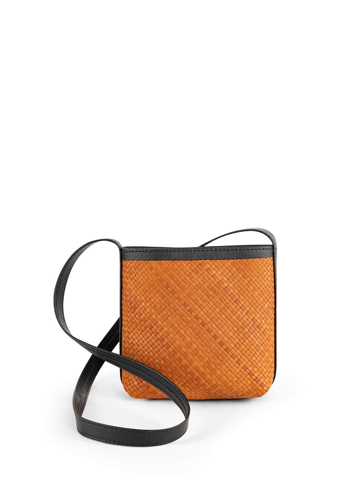 Woven crossbody bag with a black strap on a white background