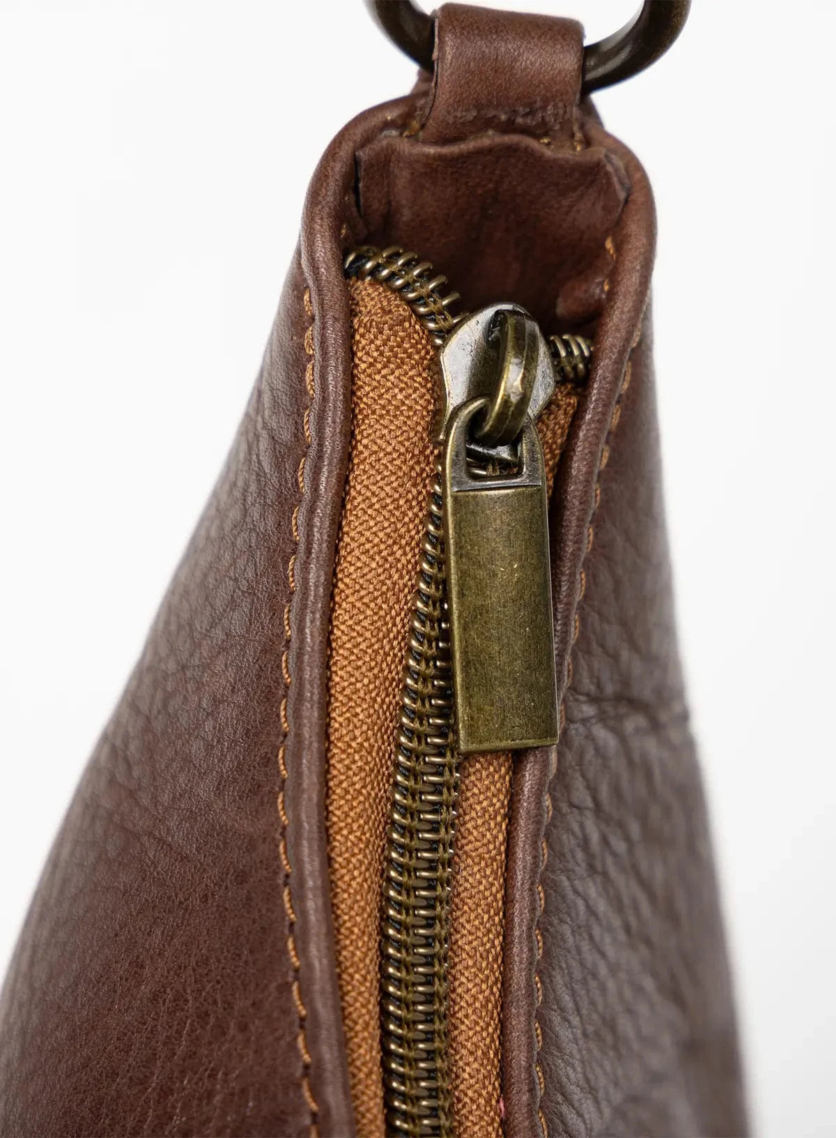 Close-up of a brown leather pouch with a gold zipper on a white background