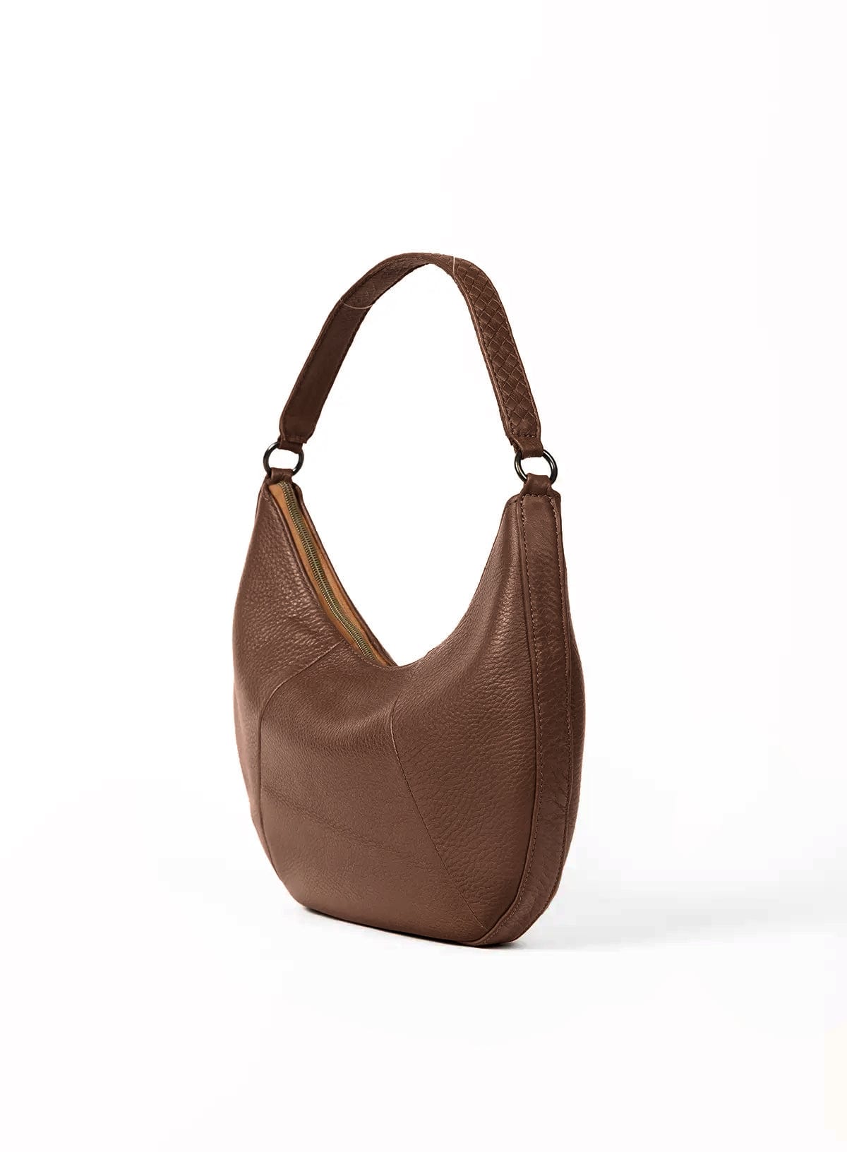 Brown leather handbag on a white background