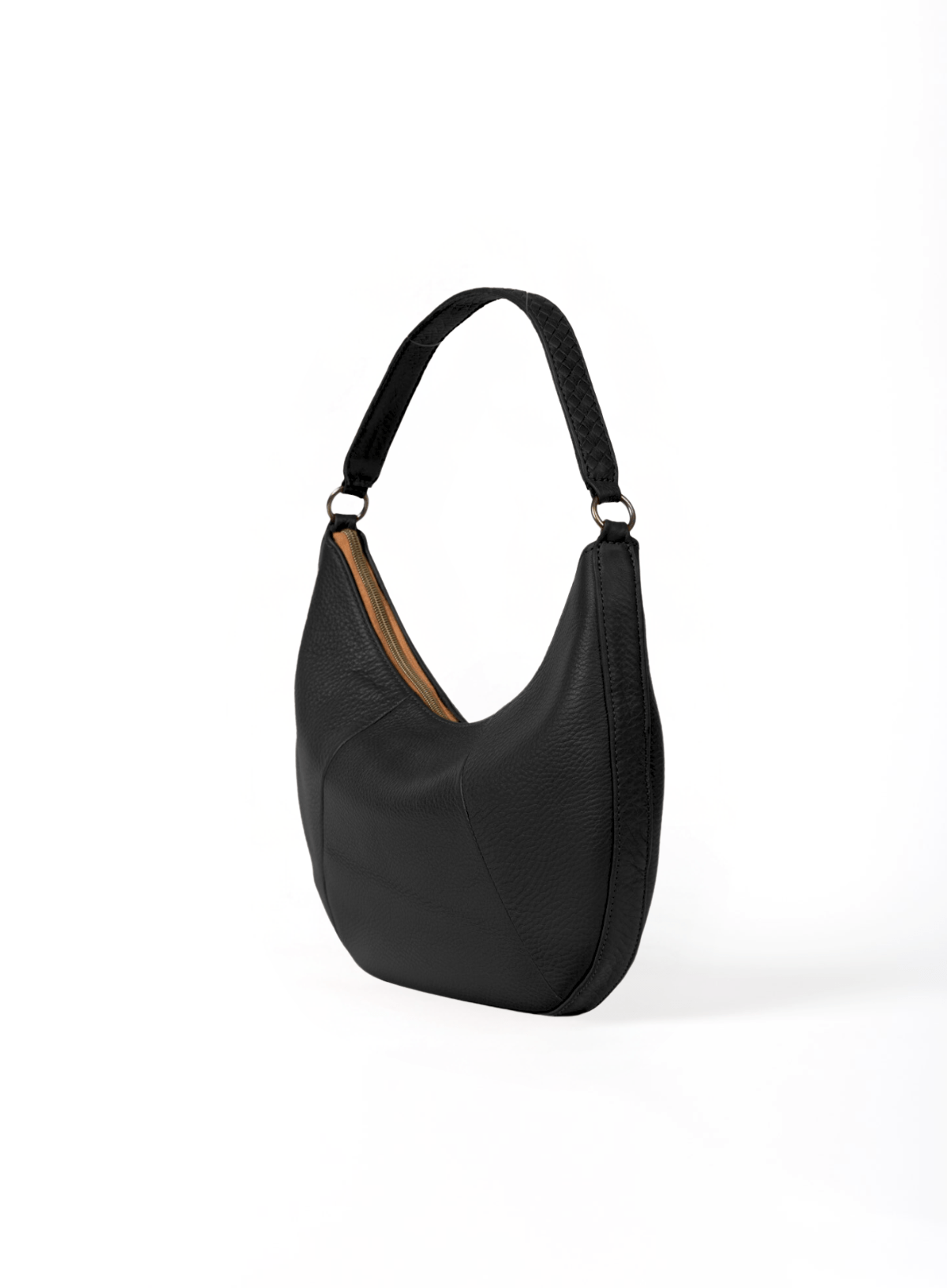 Black shoulder bag with a strap on a white background