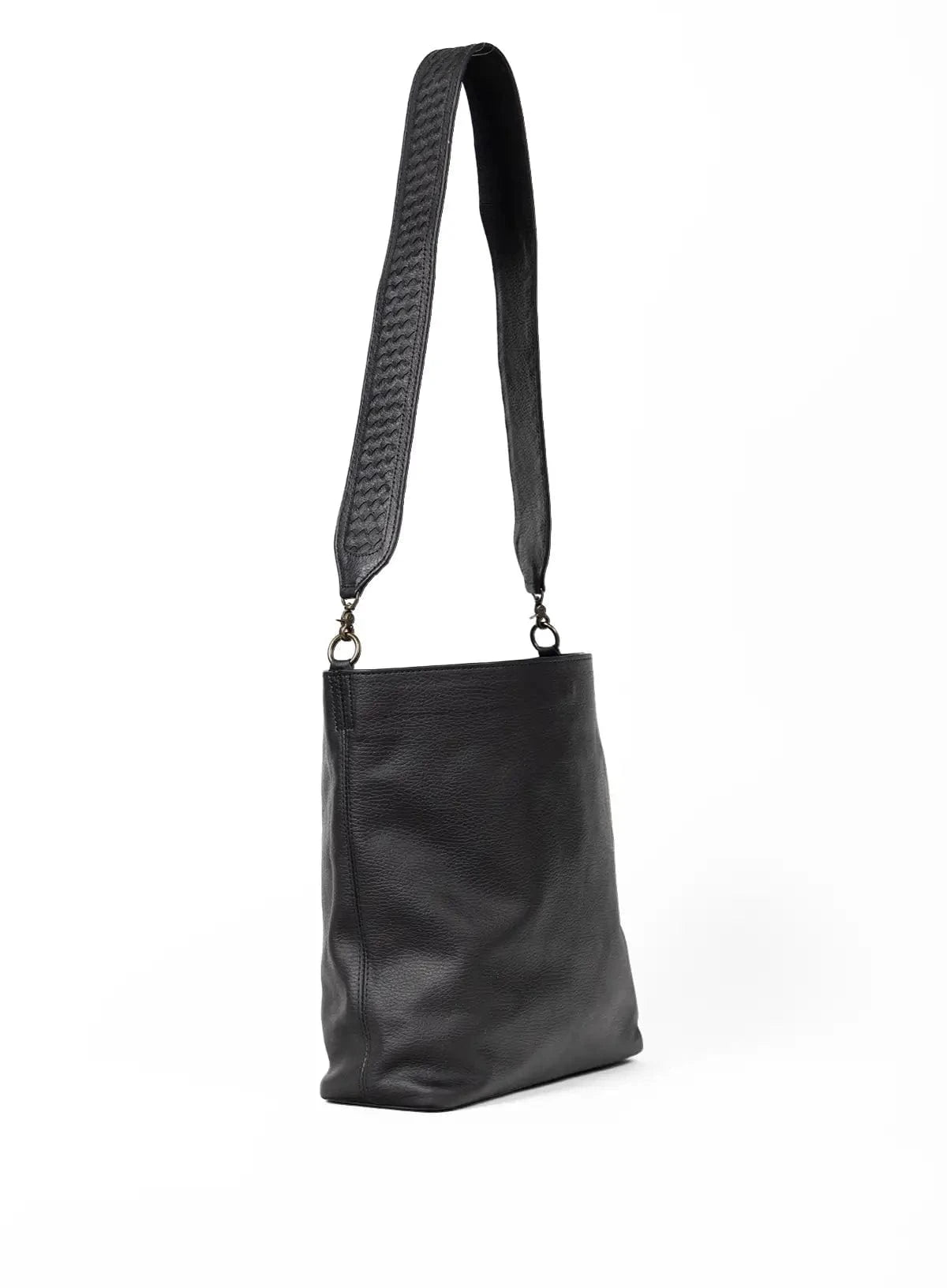 Black leather bag with a strap on a white background