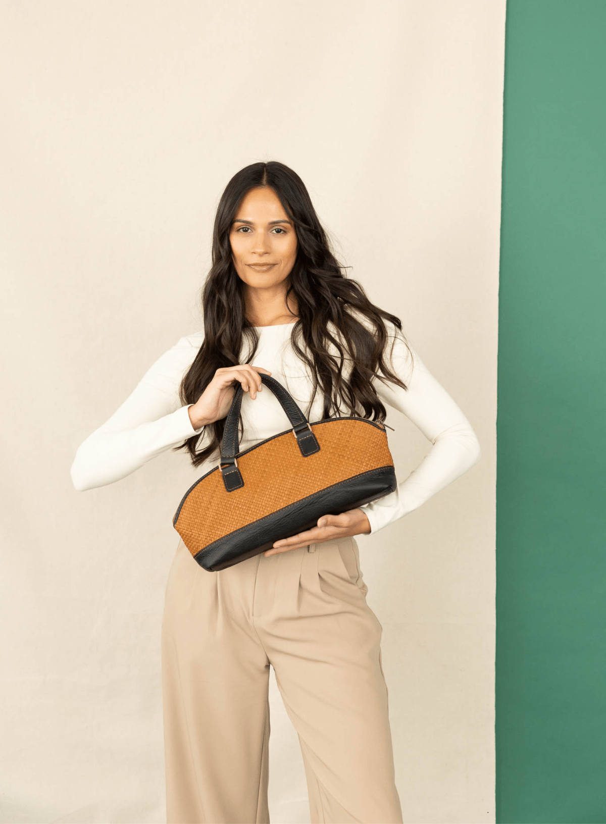 Satchel bowler bag spring collection model standing.