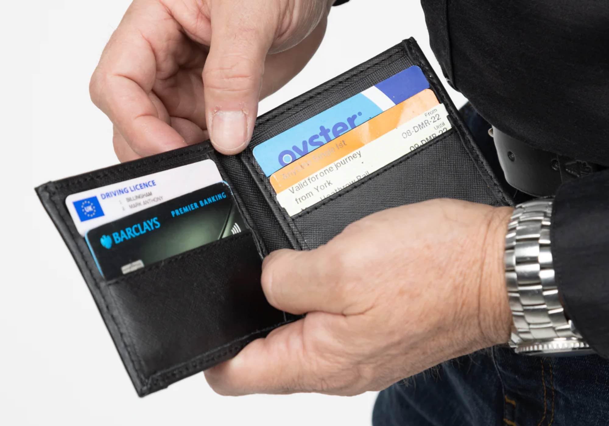 Shotgun wallet for him, interior view showing cards.