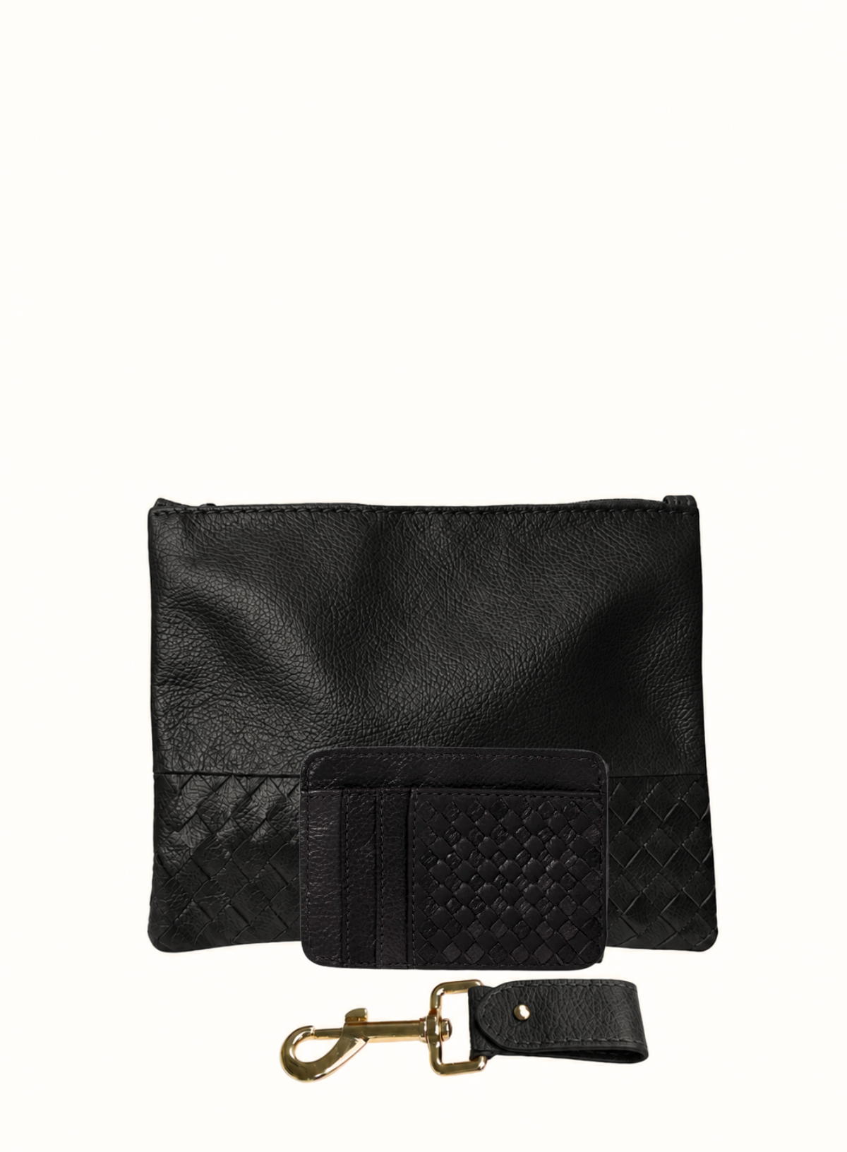 Black leather pouch with a front card holder and matching woven leather strap with a gold-tone clasp, displayed on a clean white background.