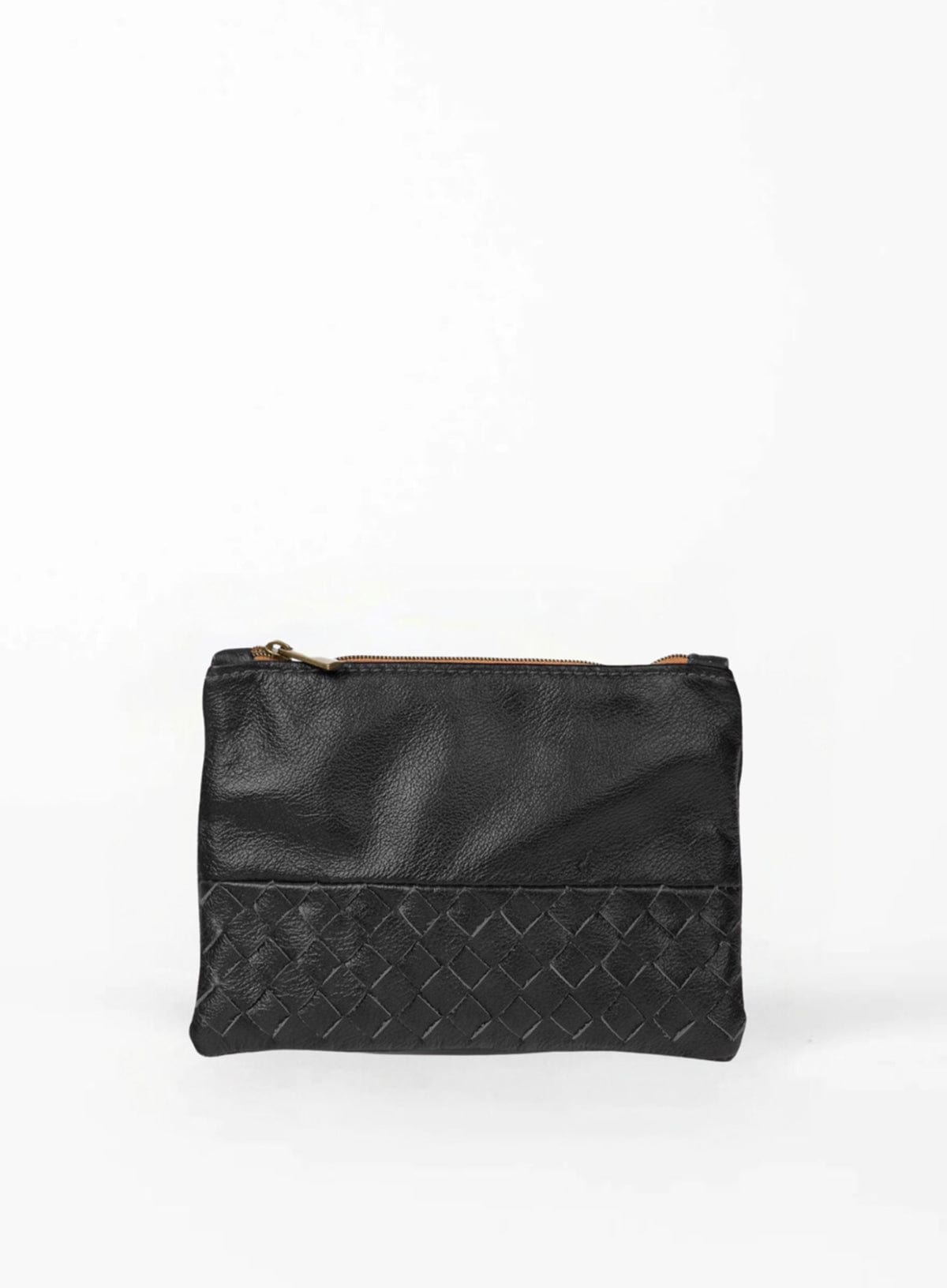 Black woven pouch on a white background