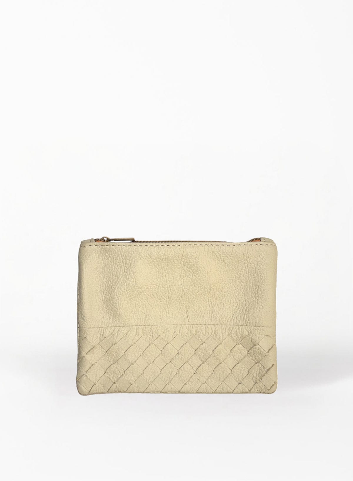 Beige woven pouch on a white background